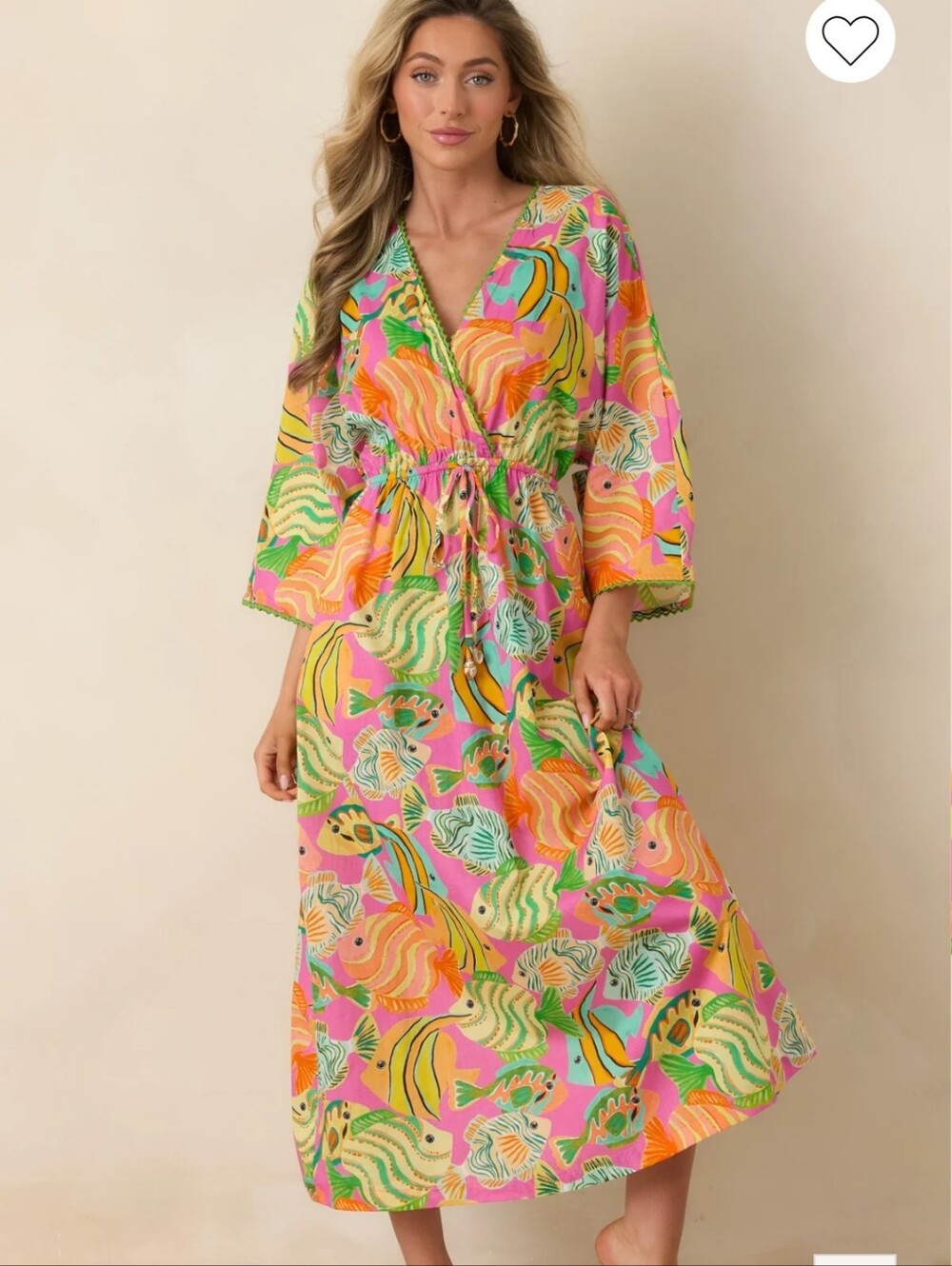 Paradisa Cabana Pink Multi Cotton Fish Print Caftan Dress